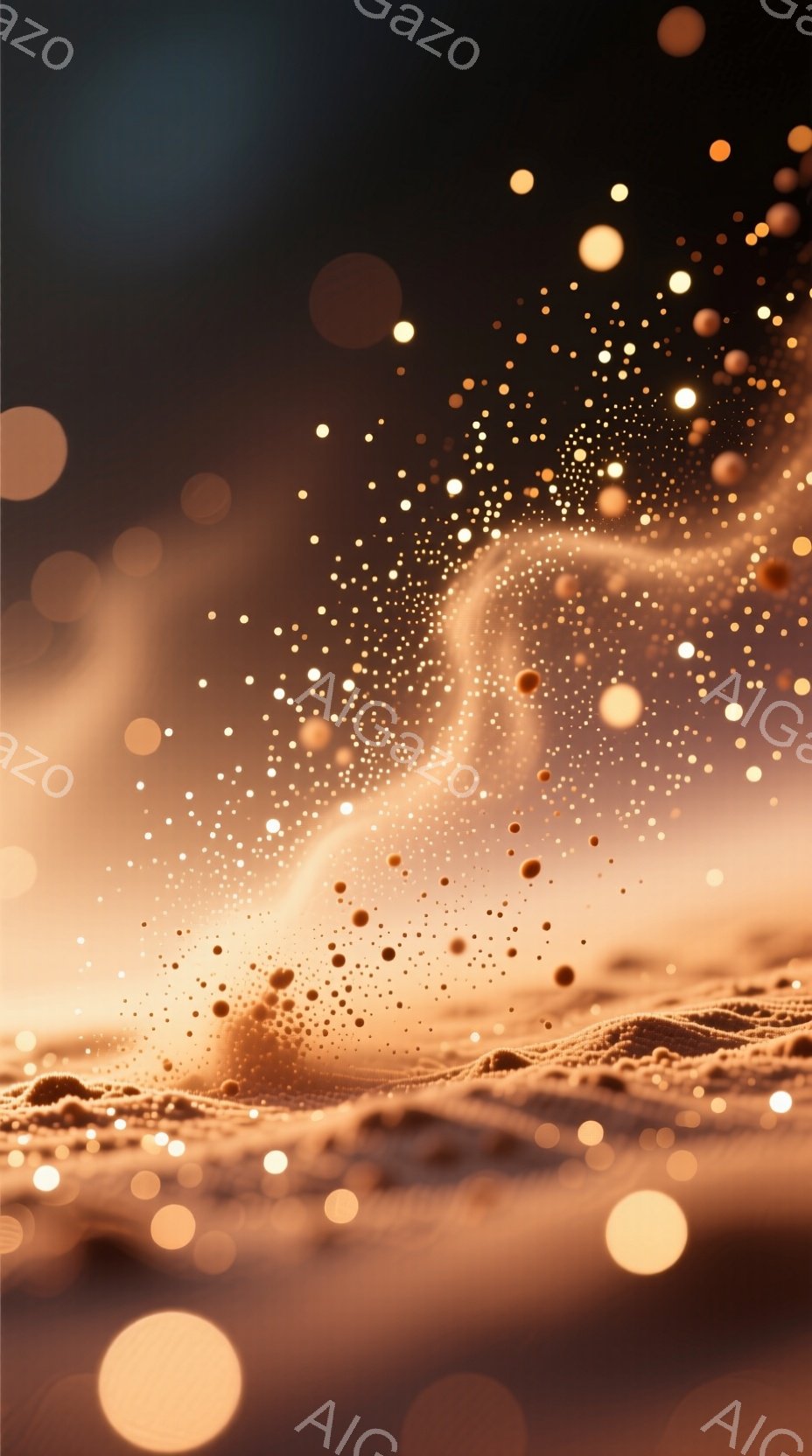 暖色系の抽象的なイメージで、まるで砂漠のような地面から、無数の光の粒子が舞い上がっているように見えます。光の粒子は様々な大きさで、まるで星屑のように輝き、幻想的な雰囲気を醸し出しています。背景は暗く、光の粒子がより一層際立ち、神秘的で温かい印象を与えます。
