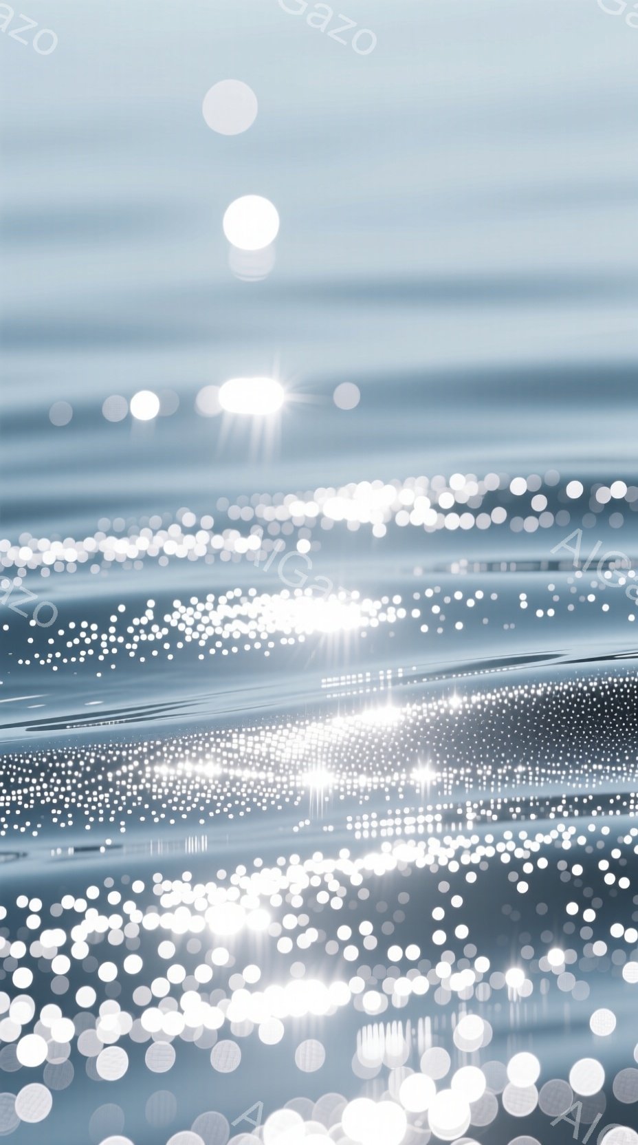 水面に反射した太陽光がキラキラと輝き、まるで無数のダイヤモンドが散りばめられているようだ。穏やかな水面は、空の青と白雲を映し出し、静かで穏やかな雰囲気を醸し出している。全体的に、光と水のコントラストが美しい、幻想的な風景である。