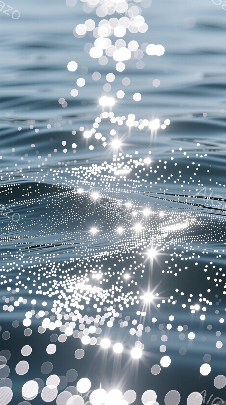 穏やかな水面に無数の光の粒子が散りばめられ、幻想的な光景が広がっています。光の粒子は様々な大きさで、まるで星屑が水面に反射しているかのようです。波紋が光をさらに拡散させ、神秘的で美しい雰囲気を醸し出しています。