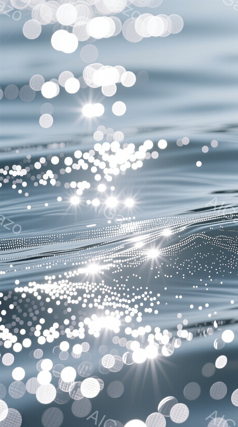 光の粒子が水面をきらめかせ、幻想的な雰囲気を醸し出している。水の波紋は細かく、まるでダイヤモンドダストのような輝きを放ち、全体的にクールで神秘的な印象を与える。背景は暗く、光のコントラストが強調されている。