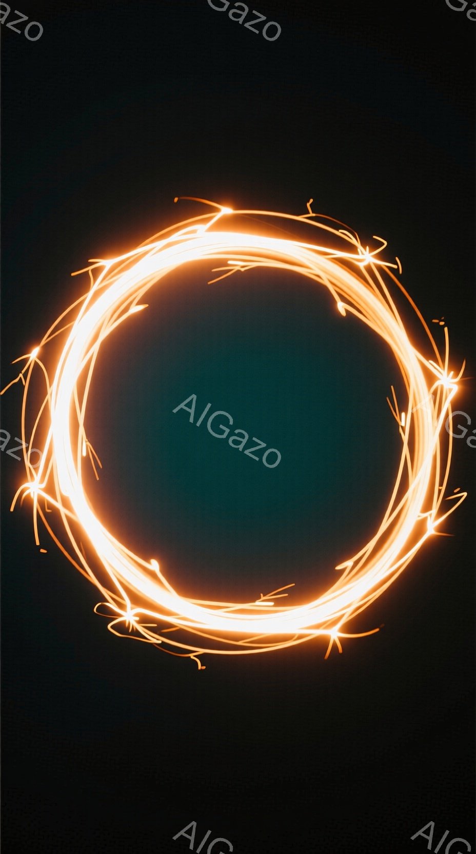 暗い背景に、光の線が円を描くように配置されている画像です。光線はオレンジ色で、まるで火花や星屑のようにきらめき、中心部には暗い空間が広がっています。この円は動きやエネルギーを表現しており、幻想的で神秘的な雰囲気を醸し出しています。