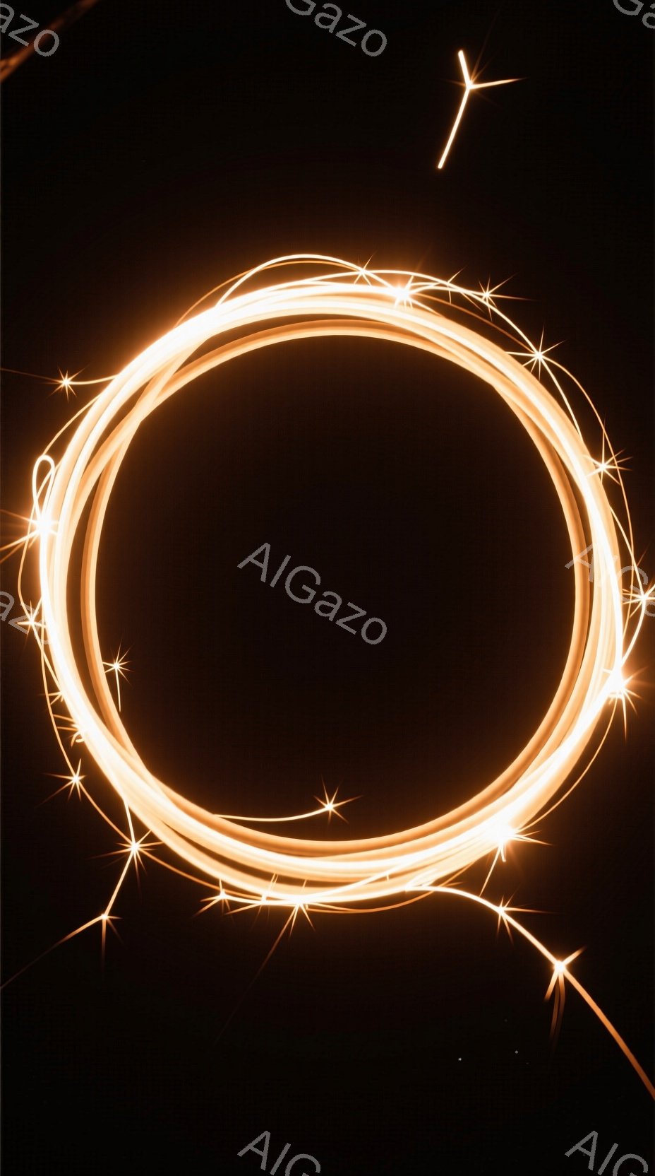 暗闇の中に、光の線で描かれた大きな円が印象的な画像です。円は複数の光の軌跡が重なり合って形成されており、まるで光の輪のような幻想的な雰囲気を醸し出しています。円の周囲には、短い光の線が星のように散らばり、夜空に輝くオーロラを連想させます。