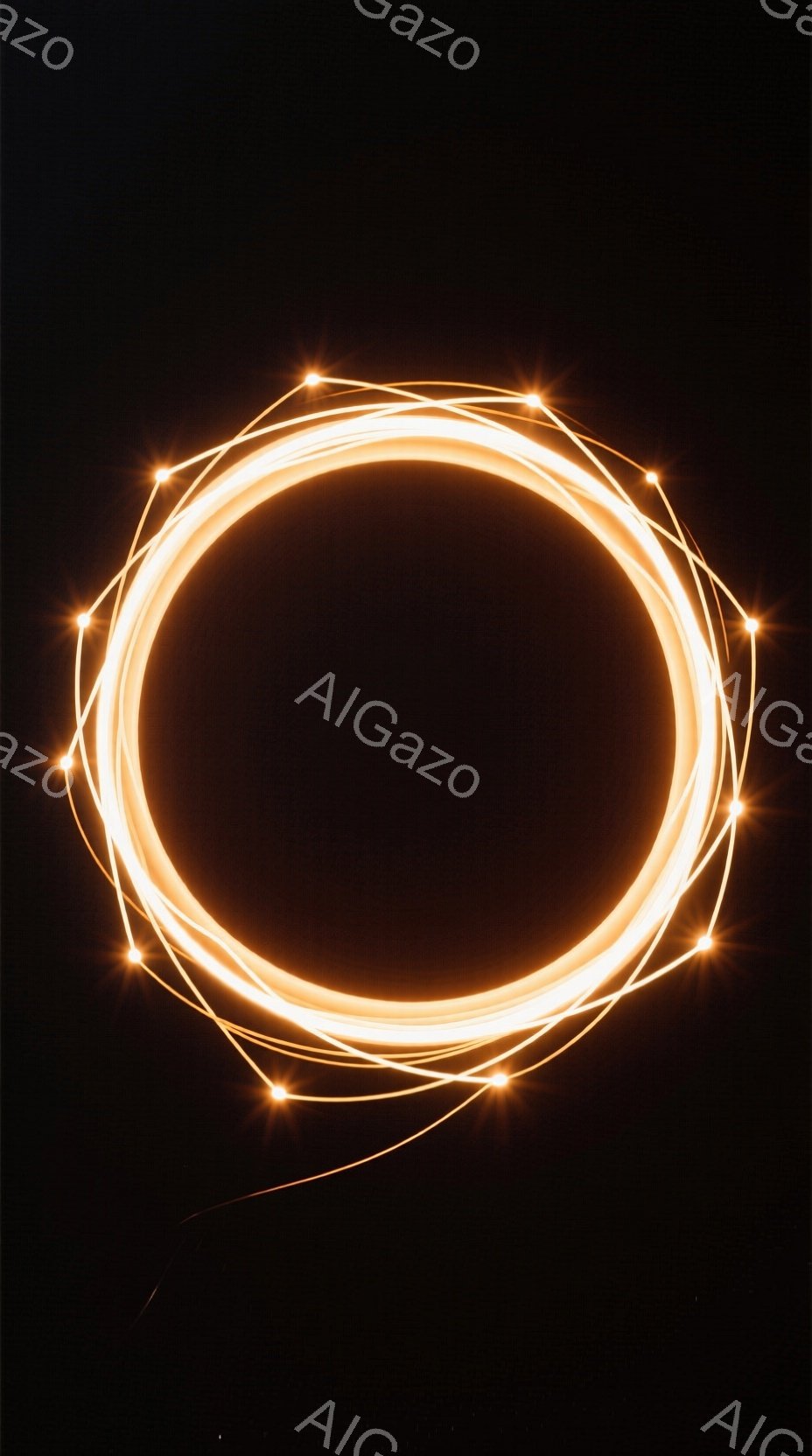 暗い背景に、光の軌跡が描く環状の模様が印象的な画像です。複数の光の線が重なり合い、まるで光の輪のような幻想的な形を作り出しています。光の線は細く、所々に明るい輝点があり、奥行きと動きを感じさせます。