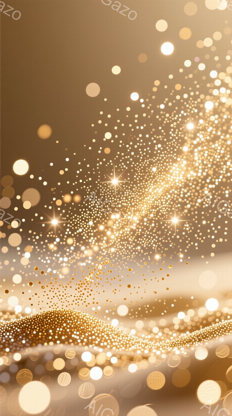 この画像は、金色のきらめきと光の粒子で構成された抽象的な背景画像です。光の筋が放射状に広がり、暖かく幻想的な雰囲気を醸し出しています。ぼやけた光の玉が重なり合い、夢のような空間を表現しています。 - AI生成フリー素材