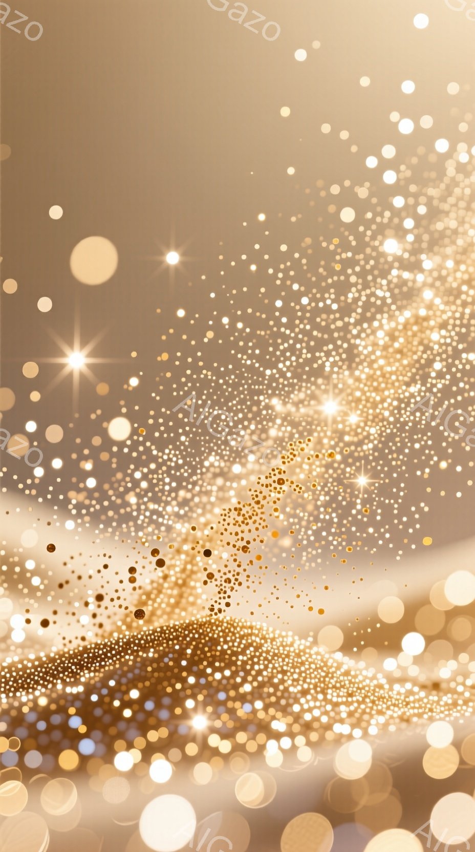 鮮やかな金色の粒子が舞い散る抽象的なイメージです。背景はぼんやりとした暖色系のグラデーションで、まるで星空や花火のようです。全体的に幻想的で、華やかかつ神秘的な雰囲気が漂っています。