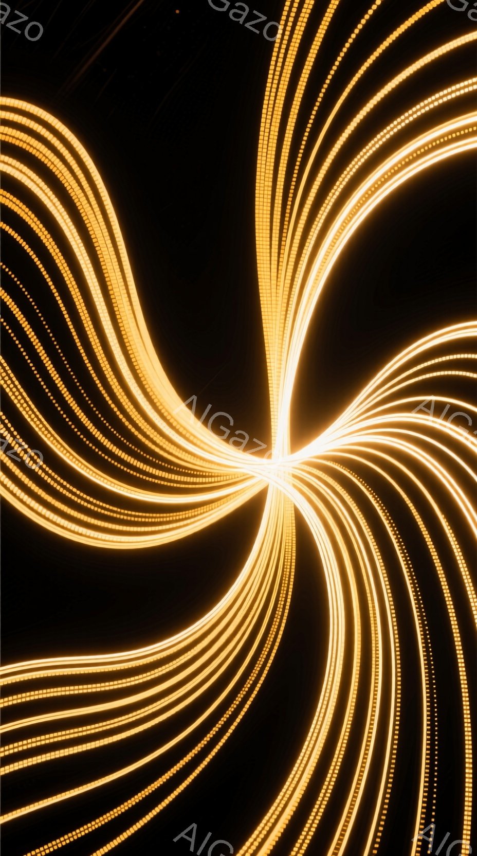 暗い背景に、中心から放射状に広がる鮮やかなオレンジ色の光の線が印象的な画像です。光の線は、まるで光の粒子が集まって線状になったように見え、動きとエネルギーを感じさせます。その配置は渦巻き状で、見る者にダイナミックな印象を与えます。
