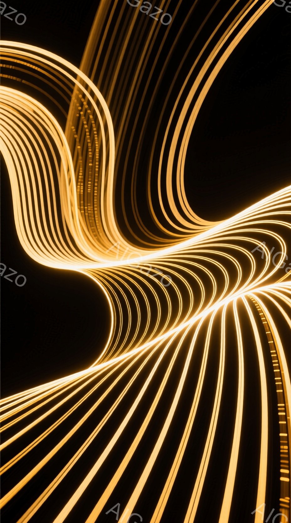 深い黒背景に、光の線が放射状に広がっている様子が描かれている。光の線は滑らかで曲線的であり、未来的なエネルギーの流れや光の軌跡を表現しているように見える。全体として、抽象的で神秘的な雰囲気を持ち、見る者の想像力を刺激する作品である。