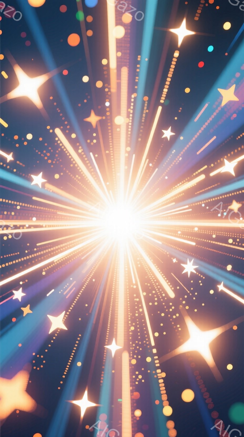 鮮やかな光が中心から放射状に広がる様子が描かれています。多数の星や光の粒子が、青と黄色のグラデーションの中でキラキラと輝き、幻想的な雰囲気を醸し出しています。背景は暗く、光の強烈なコントラストが、まるで花火や祝祭のような華やかさを感じさせます。