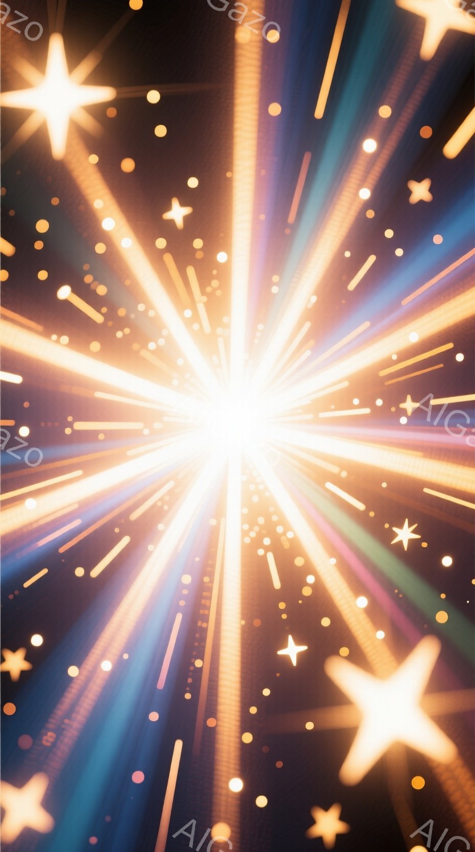 画像は暗い背景に放射状に広がる光線と星屑で構成されています。中心から強い光が発しており、様々な大きさの星形や光の帯が四方八方に広がっています。全体的に幻想的で輝きに満ちた、お祝いや特別な瞬間を想起させる雰囲気です。