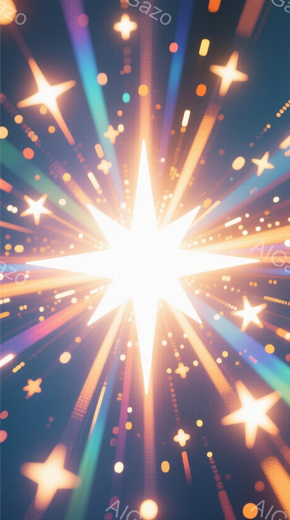 眩い光が中心から放射状に広がり、様々な大きさの星が背景を埋め尽くしている。光線は鮮やかなオレンジ、黄色、青色を含み、全体的に幻想的でエネルギーに満ちた雰囲気を醸し出している。背景は暗く、星々がより一層際立って見える。