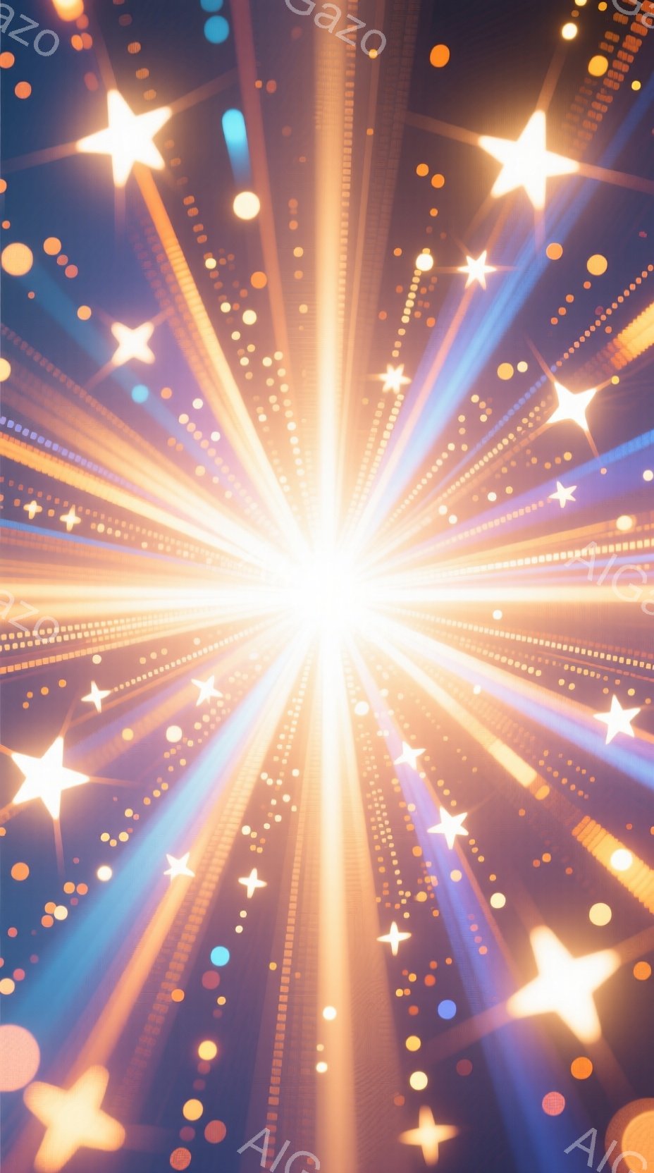 鮮やかな光線が中心から放射状に広がっており、まるで星空のような幻想的な光景が広がっています。金色の星が散りばめられ、青と紫のグラデーションが美しい背景を引き立てています。全体的に明るく、キラキラとした雰囲気が、希望や祝祭感を表現しているようです。