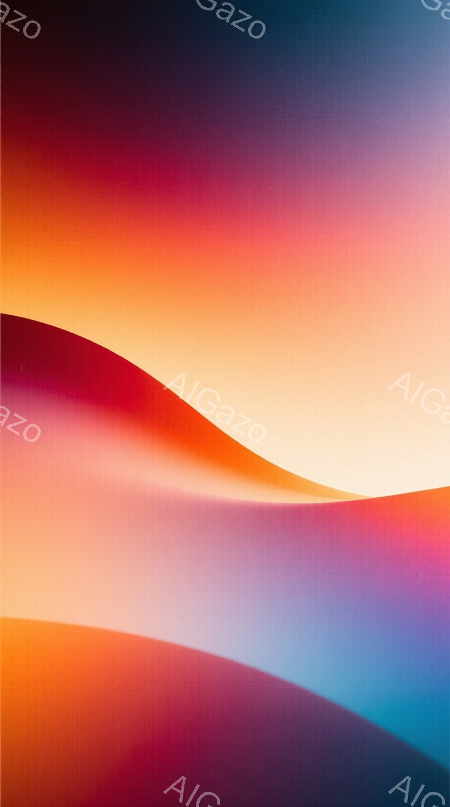 この画像は、滑らかなグラデーションが特徴的な抽象的な背景画像です。赤、オレンジ、黄色、青色が重なり合い、まるで日の出や夕焼けのような穏やかな雰囲気を醸し出しています。鮮やかな色彩と流れるような曲線が、見る人に安らぎと静けさをもたらします。