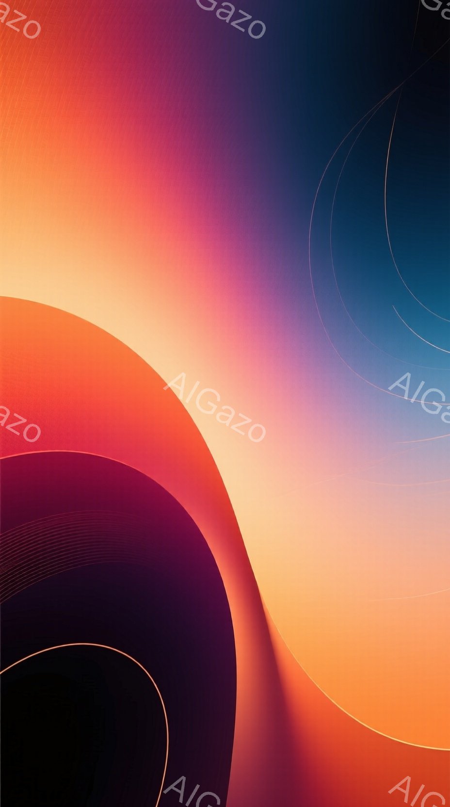 鮮やかな色彩が渦巻く抽象的な背景画像である。オレンジ、ピンク、紫、青が滑らかに混ざり合い、半円状のシルエットが重なり合っている。薄い円弧状の線が、画面上部に幾重にも描かれ、奥行きと動きを表現している。