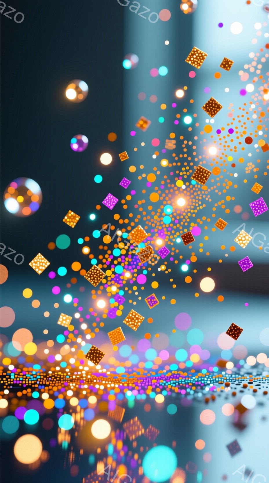 ぼやけた背景に、色とりどりの光の粒子と小さな正方形の模様が散りばめられています。光の粒子は、鮮やかな黄色、青、紫、ピンクの色調を持ち、まるで夜空の星々や花火のようにも見えます。全体的に幻想的で夢幻的な - AI生成フリー素材