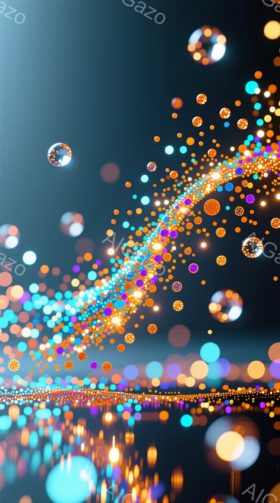 ぼやけた夜景が広がっており、無数の光の玉が空中に漂っている様子が描かれている。光の玉はオレンジ、紫、水色など様々な色をしており、まるで星屑のようにも見える。下部には光の帯が確認でき、都市の夜景を暗示し - AI生成フリー素材