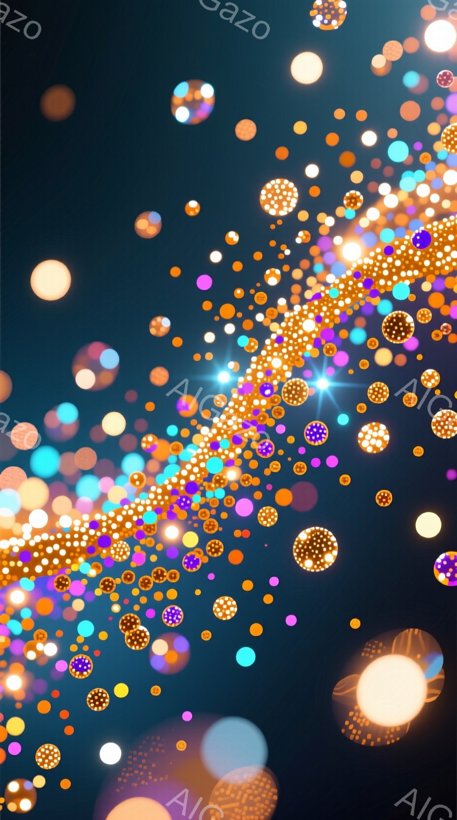 濃い青色の背景に、大小さまざまなカラフルな光の粒子が密集して漂う様子が描かれています。粒子はオレンジ、ピンク、水色、紫など様々な色をしており、一部には水玉模様のような模様が入っています。全体的に幻想的で、キラキラとした光の輝きが魅力的な雰囲気を作り出しています。