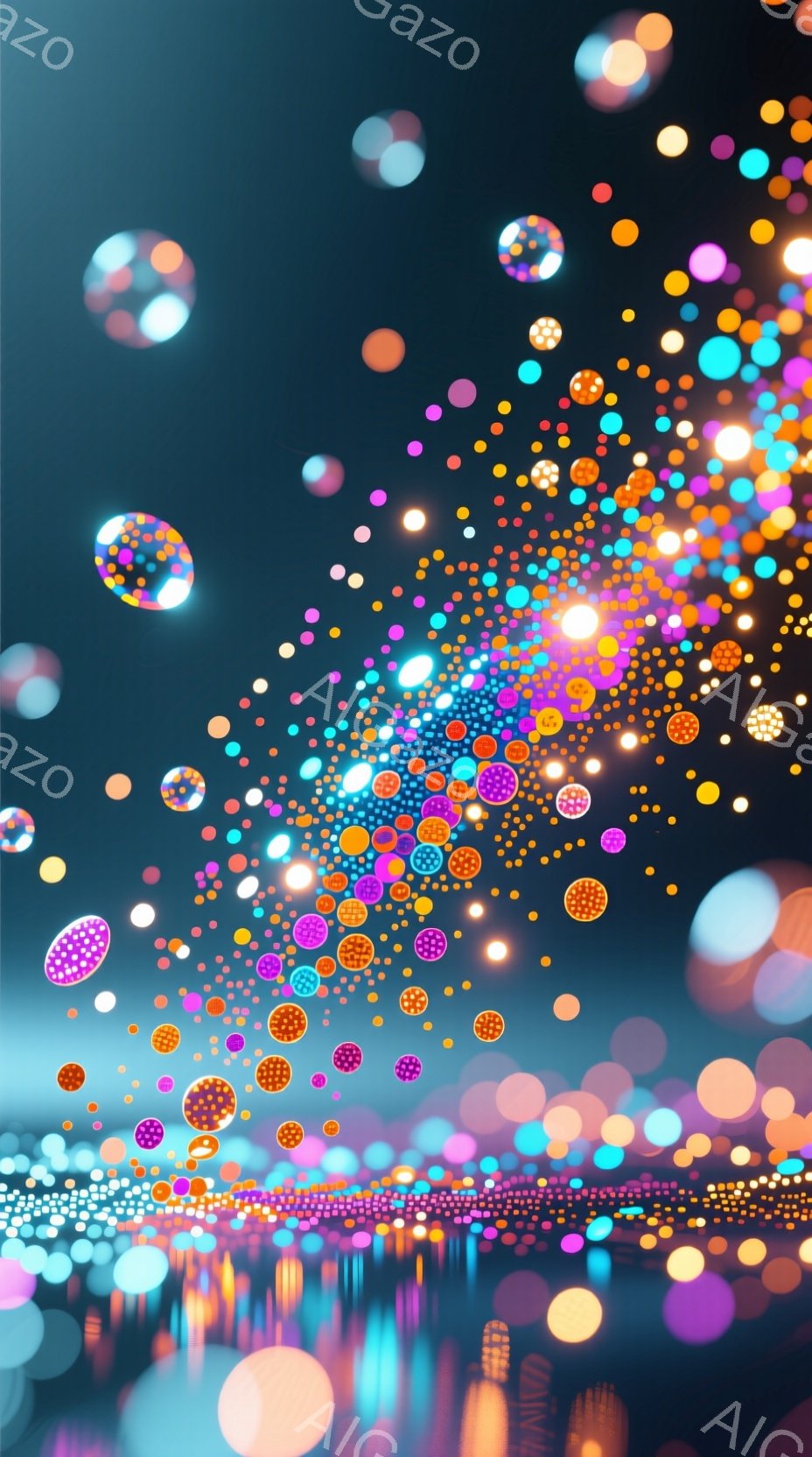 夜空を背景に、無数の光の玉が舞い散る幻想的な光景が広がっています。これらの玉は、ピンク、オレンジ、紫、水色など様々な色合いで、まるで花火やきらめく星屑のようです。下部にはぼんやりとした光の帯があり、水面に反射した都市の光景を思わせる、温かくロマンチックな雰囲気を醸し出しています。