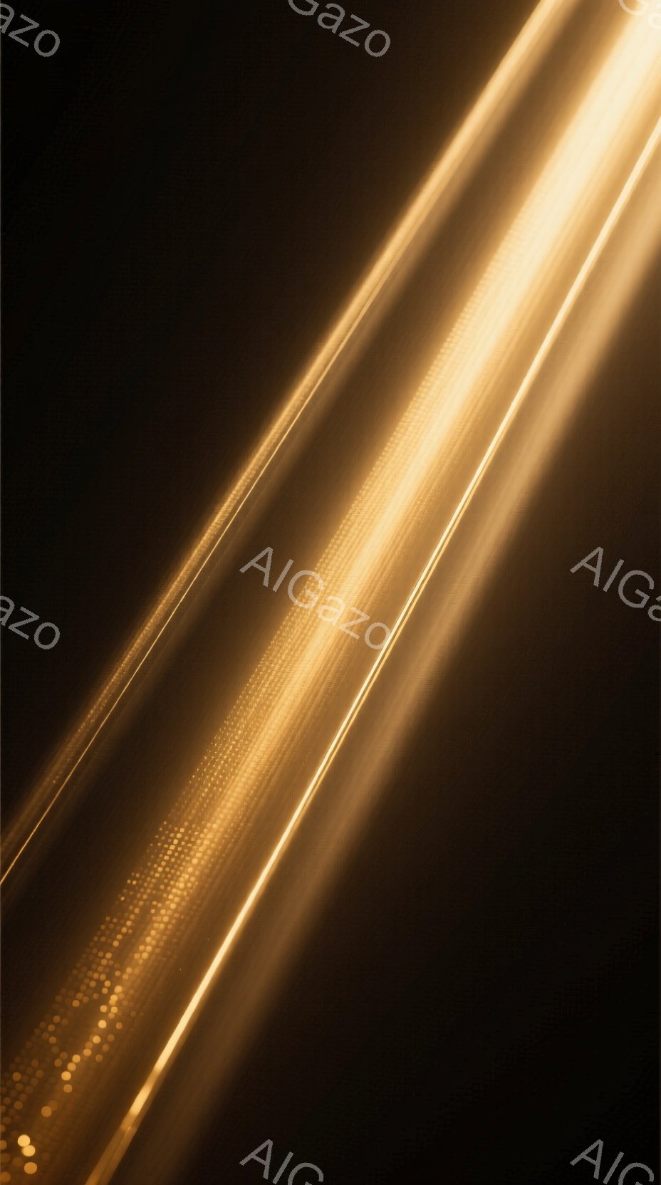 濃い暗闇の中に、角度のある金色の光線が力強く差し込んでいる。光の帯は、まるで舞台照明のようにドラマティックな雰囲気を醸し出しており、下部には微細な光の粒子が散りばめられている。全体的に神秘的で幻想的な印象を与える抽象的な画像である。