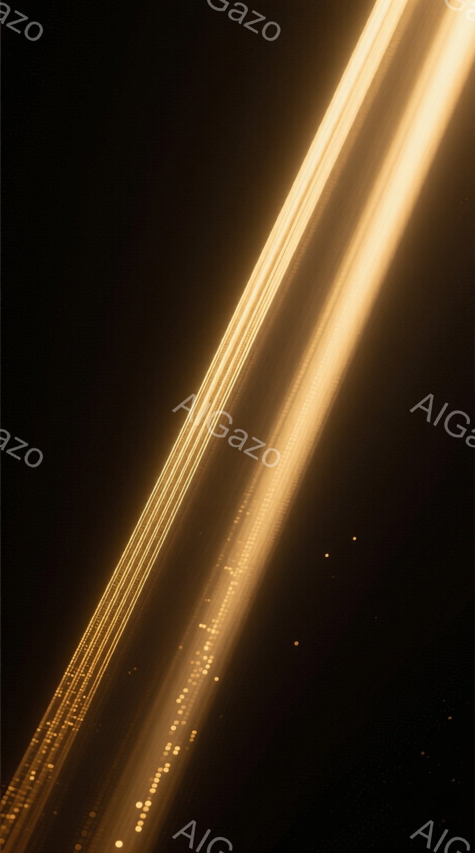 画像は暗闇の中で、強い光線が斜めに複数本伸びている様子を捉えている。光線は金色や黄色のグラデーションで、まるで星屑のような小さな光の粒子が散りばめられている。全体的に幻想的で、宇宙空間や夢の中のような神秘的な雰囲気を醸し出している。