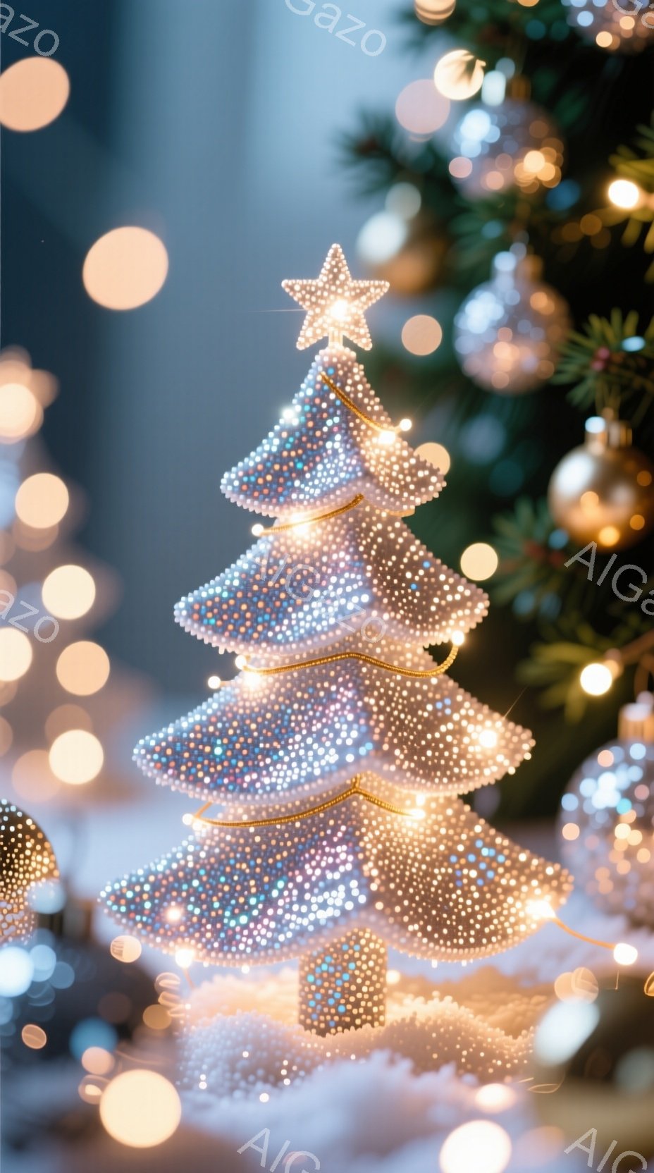 白い装飾されたクリスマスツリーが、雪の上に置かれています。ツリーは小さな光るビーズで覆われており、頂上には星が輝いています。背景にはぼやけた光が散りばめられ、暖かく幻想的な雰囲気を醸し出しています。 - AI生成フリー素材