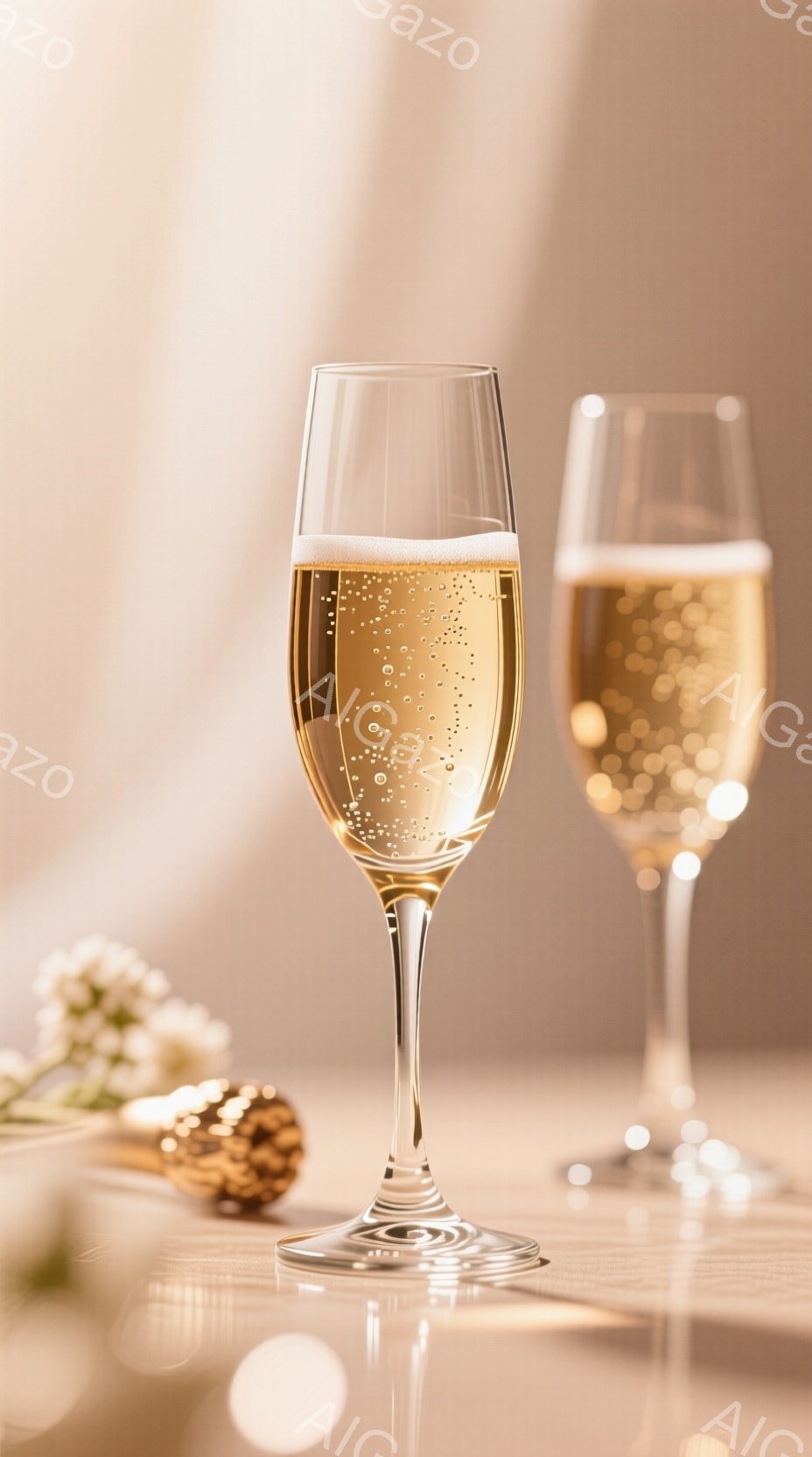 画像には、シャンパンが注がれた2本のグラスが映っています。背景はぼかした暖色系のトーンで、薄いクリーム色のようなテーブルの上に置かれたグラスが際立っています。テーブルの隅には、白い花と金色のオーナメントが飾り付けられ、祝祭的で華やかな雰囲気を醸し出しています。