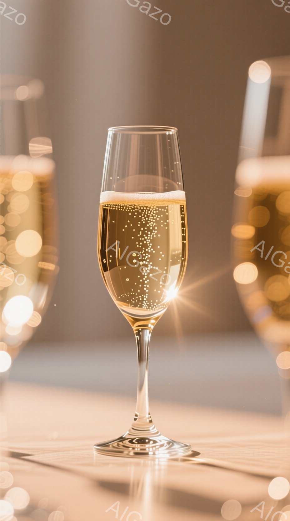 シャンパンがグラスに満たされ、泡が立ち上っている様子が捉えられています。グラスはテーブルの上に置かれており、背景にはぼやけた光が点在し、華やかな雰囲気を醸し出しています。全体的に暖色系の色調で、お祝い - AI生成フリー素材