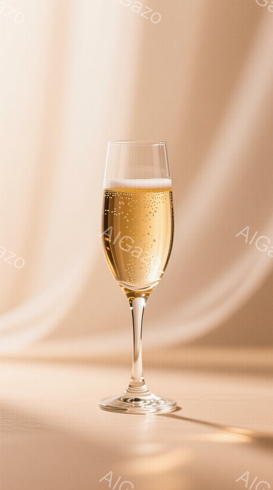 光沢のあるシャンパングラスが、柔らかいベージュ色の背景に佇んでいます。グラスの中には気泡が立ち上り、液体は淡い黄金色をしており、光を受けてきらめいています。背景には柔らかな影が落ちており、全体的に優雅で洗練された雰囲気を醸し出しています。