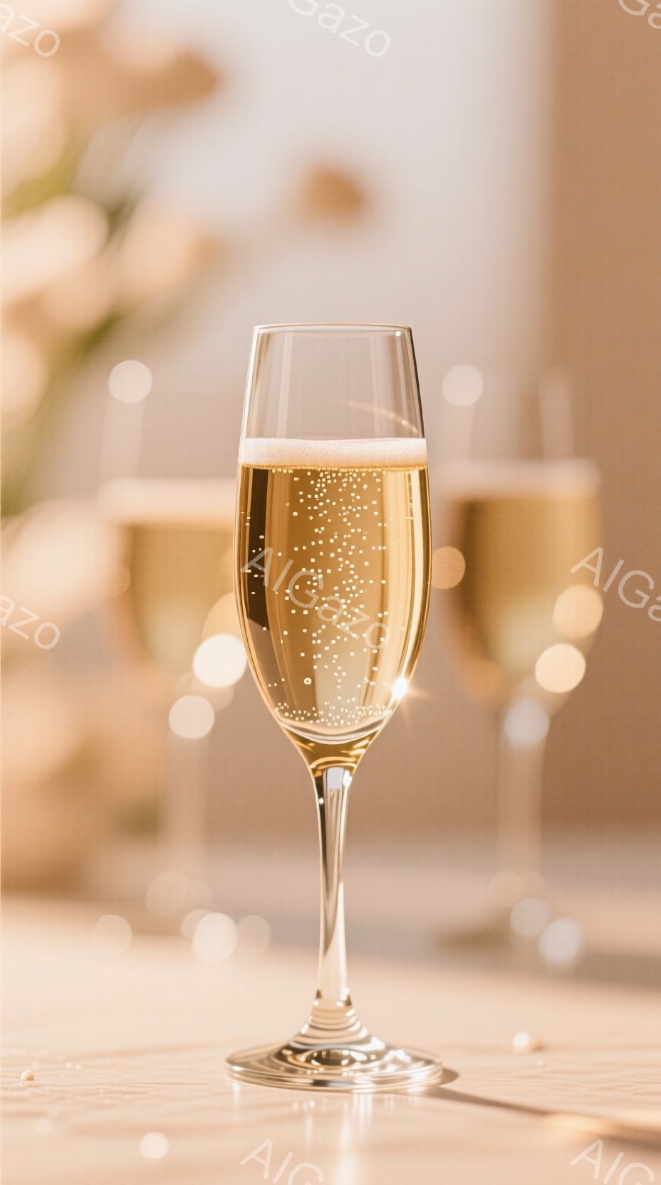 光り輝くシャンパンフルートが、木製のテーブルの上に置かれています。背景はぼやけた黄金色の光で満たされており、暖かくロマンチックな雰囲気を醸し出しています。シャンパンには小さな泡が立ち、エレガントで特別な瞬間を連想させます。