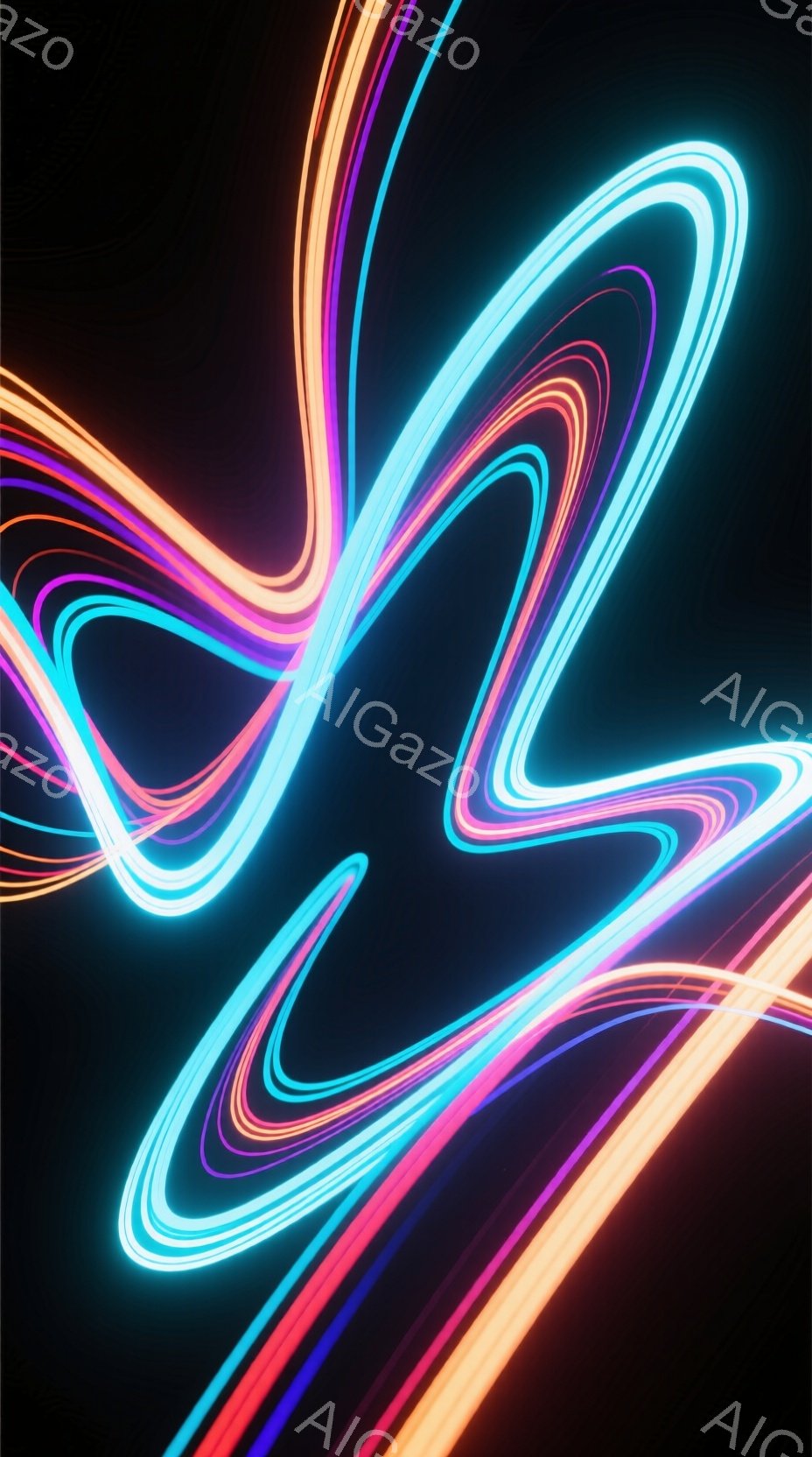 鮮やかなネオンカラーの光線が、暗い背景に複雑に絡み合って描かれています。ピンク、オレンジ、青、紫といった色が、流れるような曲線を描き、まるで光の軌跡のようです。全体的に未来的な雰囲気で、エネルギーと動きを感じさせる抽象的なイメージです。