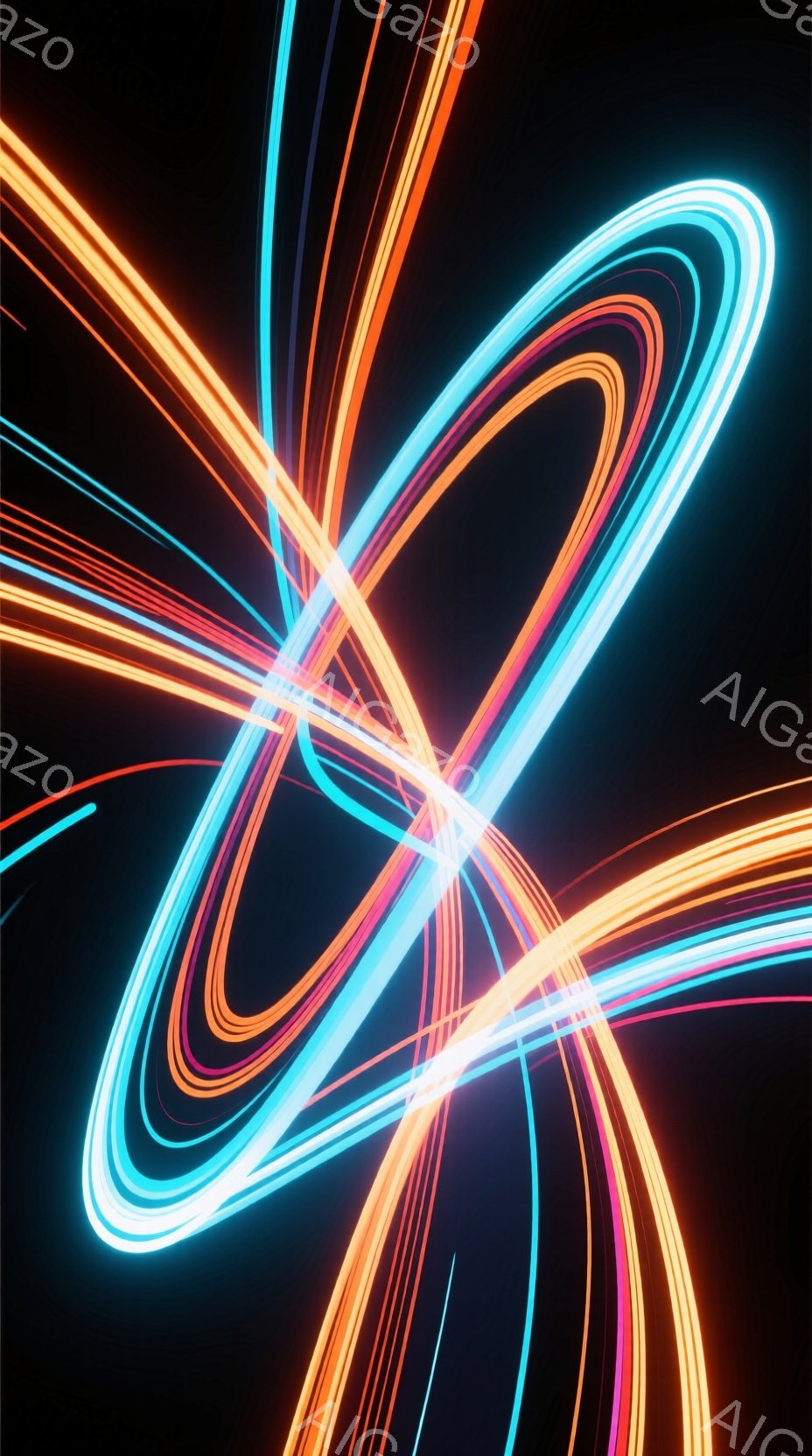 鮮やかなネオンカラーの光線が、黒色の背景の中で複雑に交差している抽象的な画像です。オレンジ、青、紫色の光がループ状や直線状に伸び、中心に向かって収束するようなダイナミックな構成となっています。全体的に未来的なエネルギーとスピード感を漂わせる、視覚的に強烈な印象を与える作品です。