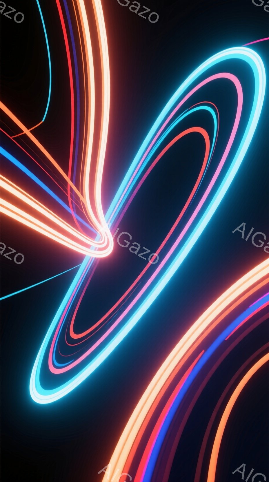 画像は暗い背景に、ネオンライトのような光の線が複雑に絡み合って曲線を描いています。鮮やかなオレンジ、青、ピンクの光が重なり合い、未来的な印象を与えます。光の線は、まるでエネルギーの流れや光の軌跡を表現しているかのように見えます。