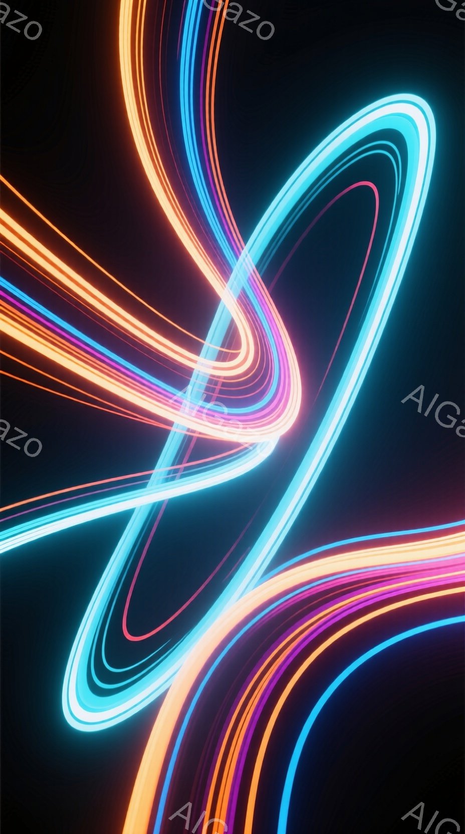 漆黒の背景に、鮮やかなネオンカラーの光の線が、曲線を描きながら複雑に絡み合っている。光の線はターコイズブルー、ピンク、オレンジ、紫など多様な色調を持ち、流動的で未来的な印象を与える。全体として、光と色のコントラストが強調された、抽象的でダイナミックなイメージである。