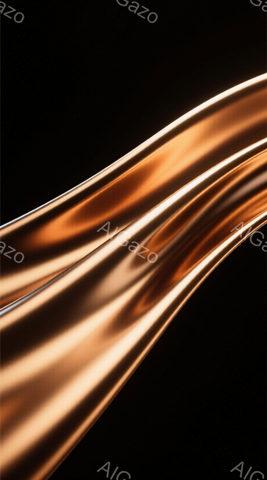 鮮やかなオレンジと茶色の光沢のある素材が、画面の左上から右下へ流れるように描かれています。素材は滑らかで、まるで液体金属のような質感で、光の反射が美しい曲線を描き出しています。背景は漆黒で、素材の輝きと立体感を際立たせています。