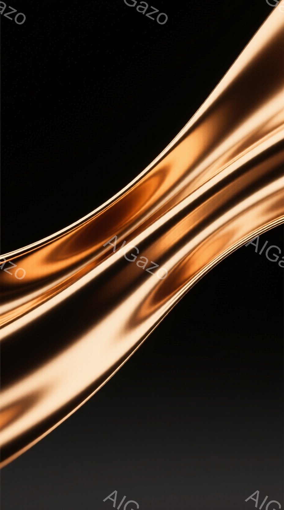 鮮やかな銅色の流れるような曲線が、黒い背景に浮かび上がっています。まるで金属が溶けて形を変えているかのような、滑らかで光沢のある質感です。全体的に抽象的で、動きと神秘的な雰囲気を醸し出しています。