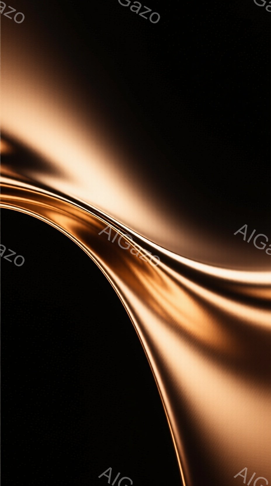 鮮やかな光沢のある茶色のリボンが、黒い背景を斜めに横切っているように見えます。リボンは光を反射し、滑らかで流れるような曲線を描き、まるで液体金属のようです。全体的に、モダンで抽象的な雰囲気であり、光と影のコントラストが強調されています。