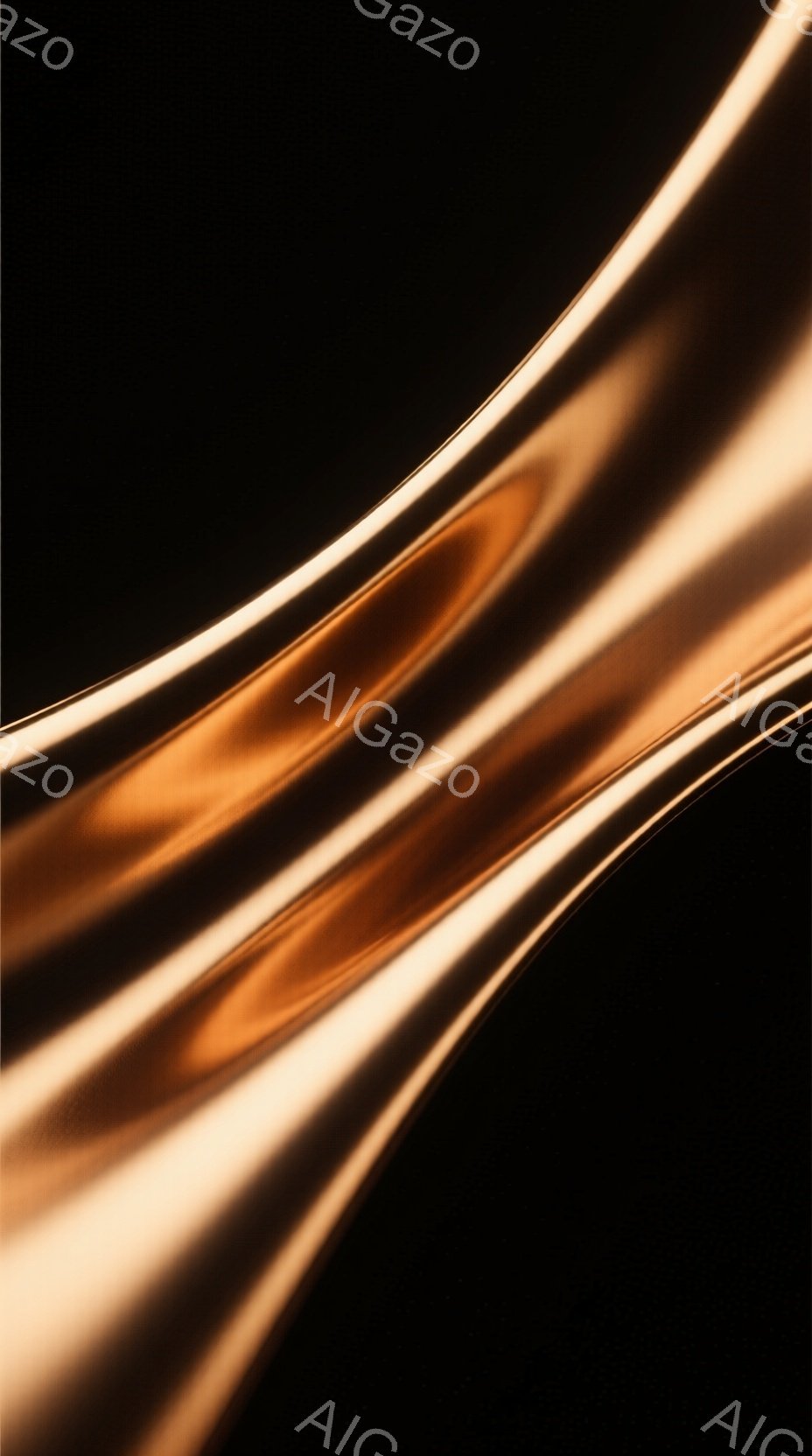 鮮やかなオレンジとゴールドの色合いが特徴的な抽象的なイメージです。滑らかな曲線が幾重にも重なり、光の反射が金属のような質感を強調しています。黒い背景が色彩を際立たせ、流れるような動きと奥行きを感じさせます。