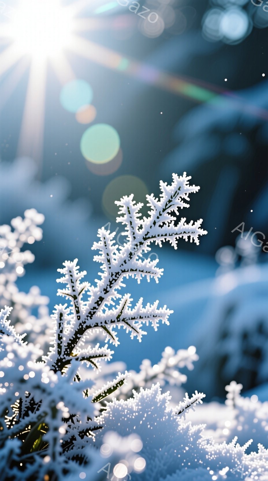 白い霜や雪に覆われた木の枝が、画面の中心に大きく広がっています。背景はぼやけた青色で、まるで冬の風景の中にいるかのような冷たく静かな雰囲気を醸し出しています。光のフレアが雪の結晶の輝きをさらに強調し、幻想的な美しさを演出しています。