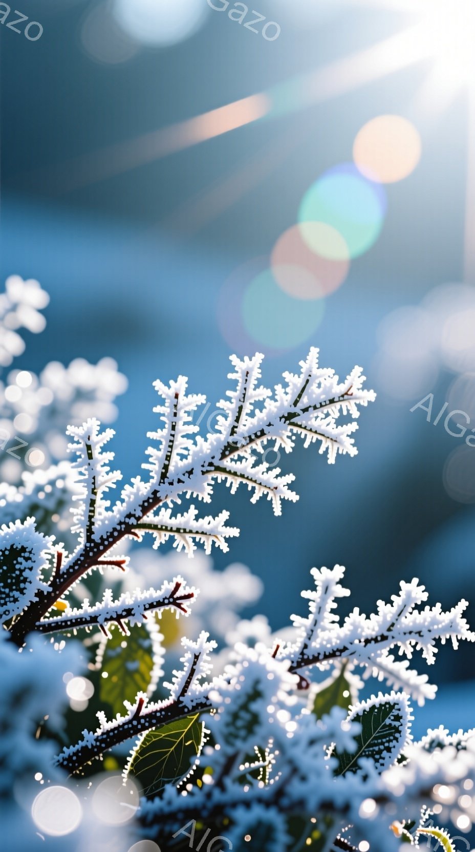 画像は、雪で覆われた木々の枝を捉えたクローズアップ写真です。白い霜や雪が枝にびっしりと付着し、冬の寒さと静けさを表現しています。背景はぼやけた青色で、光のフレアが散りばめられ、幻想的な雰囲気を醸し出しています。
