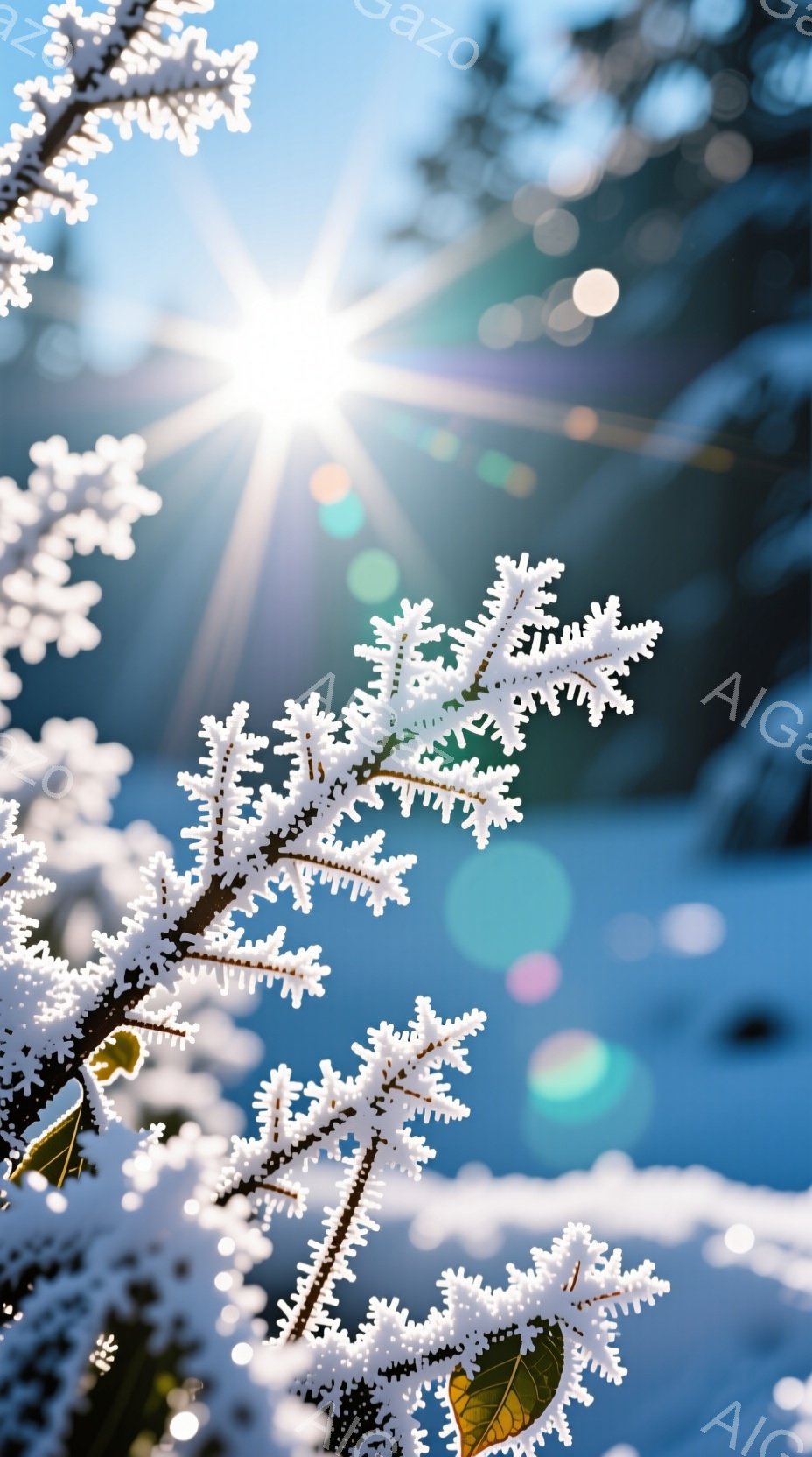 霜や雪に覆われた冬の植物のクローズアップ写真です。細い枝に付いた白い結晶が太陽光を浴びてキラキラと輝き、背景には青空とぼやけた自然が見えます。全体的に冷たく、静かで、冬の静寂を感じさせる雰囲気です。