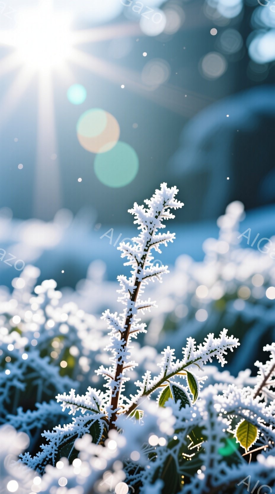 白い花が咲き乱れる灌木が画面の中心に位置し、一部の葉はまだ緑色を保っている。背景はぼやけた青色で、光のフレアが散りばめられており、冬の冷たい空気と静けさを感じさせる。全体的に、雪が降り積もる冬の自然の美しさを捉えた、穏やかで幻想的な雰囲気の写真である。