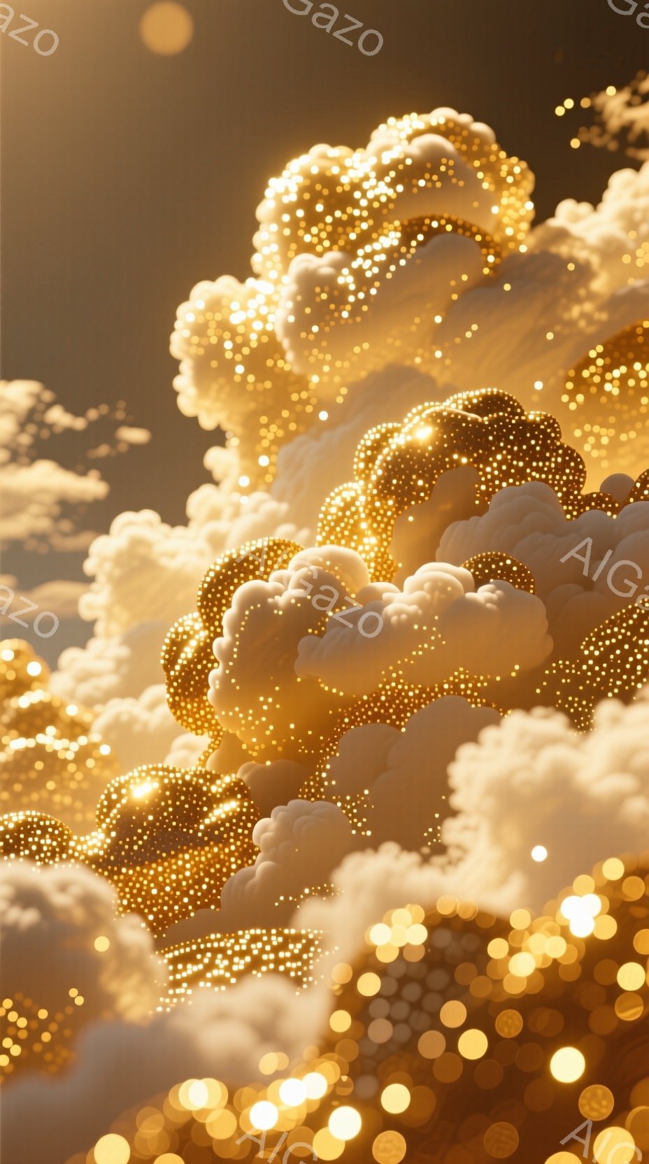金色の輝きを放つ粒子が雲のように渦巻いており、まるで夢の中の光景のようだ。粒子は大小様々な球体で構成され、光を受けてきらめき、暖かく幻想的な雰囲気を醸し出している。背景は淡い金色でぼやけており、粒子が光り輝く様子をより一層引き立てている。