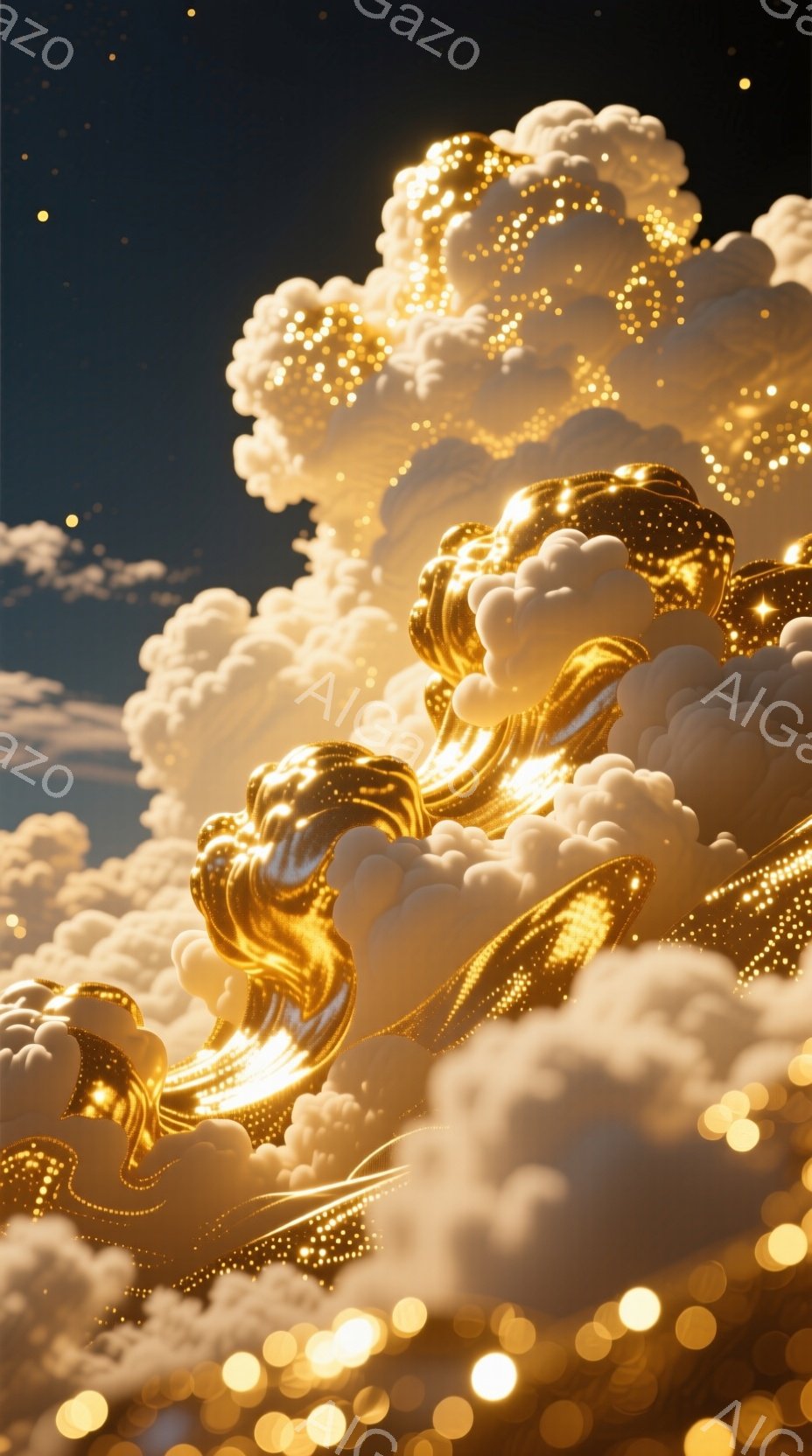 金色の流れるような装飾が雲のように空中に漂い、きらめく光の粒子が周囲を舞っている様子が描かれている。装飾は複雑な曲線を描き、光沢のある金属のような質感を持ち、まるで神話の世界に存在する生き物や彫刻のようである。背景は暗く、星々が散りばめられており、幻想的で神秘的な雰囲気を醸し出している。