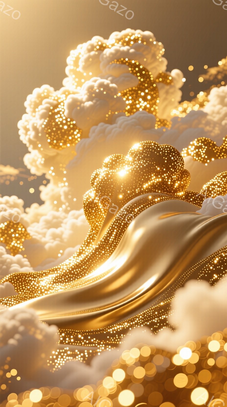 黄金色のきらめきが特徴的な、抽象的な造形物が画面全体を覆っている。流れるような曲線と、まるで宝石を散りばめたような装飾が印象的で、光沢のある金色の質感が豪華さを際立たせている。背景はぼんやりとした金色と光の粒子で構成されており、幻想的で夢幻的な雰囲気を醸し出している。