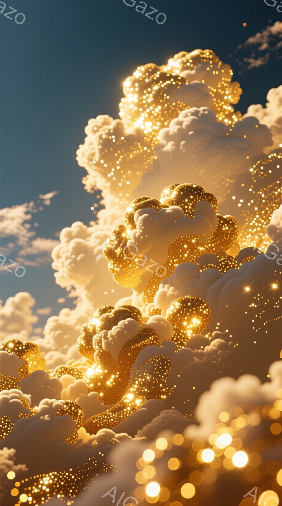 この画像は、金色の光り輝く雲のような抽象的な形体が空中に漂う様子を描いています。光の粒子が密集し、渦を巻きながら複雑な模様を作り出し、まるで夢の中の風景のようです。背景は穏やかな青空で、幻想的で輝かしい雰囲気を強調しています。