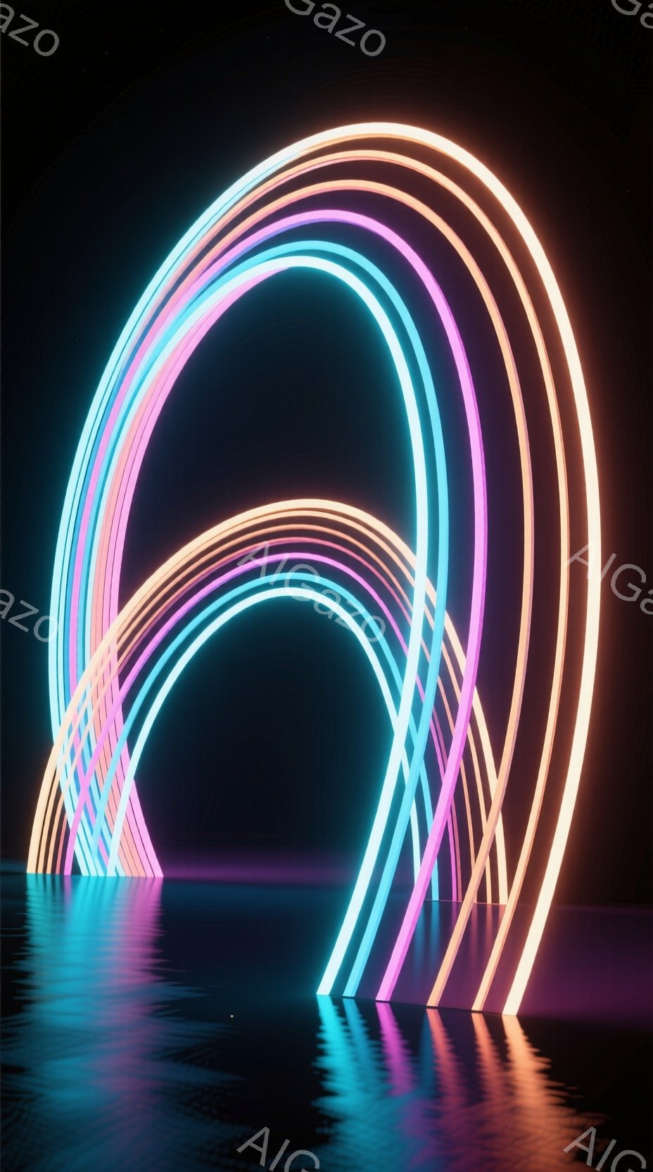鮮やかなネオンカラーの曲線が、水面に反射して幻想的な光景を作り出しています。曲線は、ピンク、紫、水色、オレンジなど様々な色が重なり合い、まるで虹のようなアーチ状の構造を形成しています。水面には鮮やかな光が揺らめき、静寂と色彩が混ざり合った、未来的な雰囲気を醸し出しています。