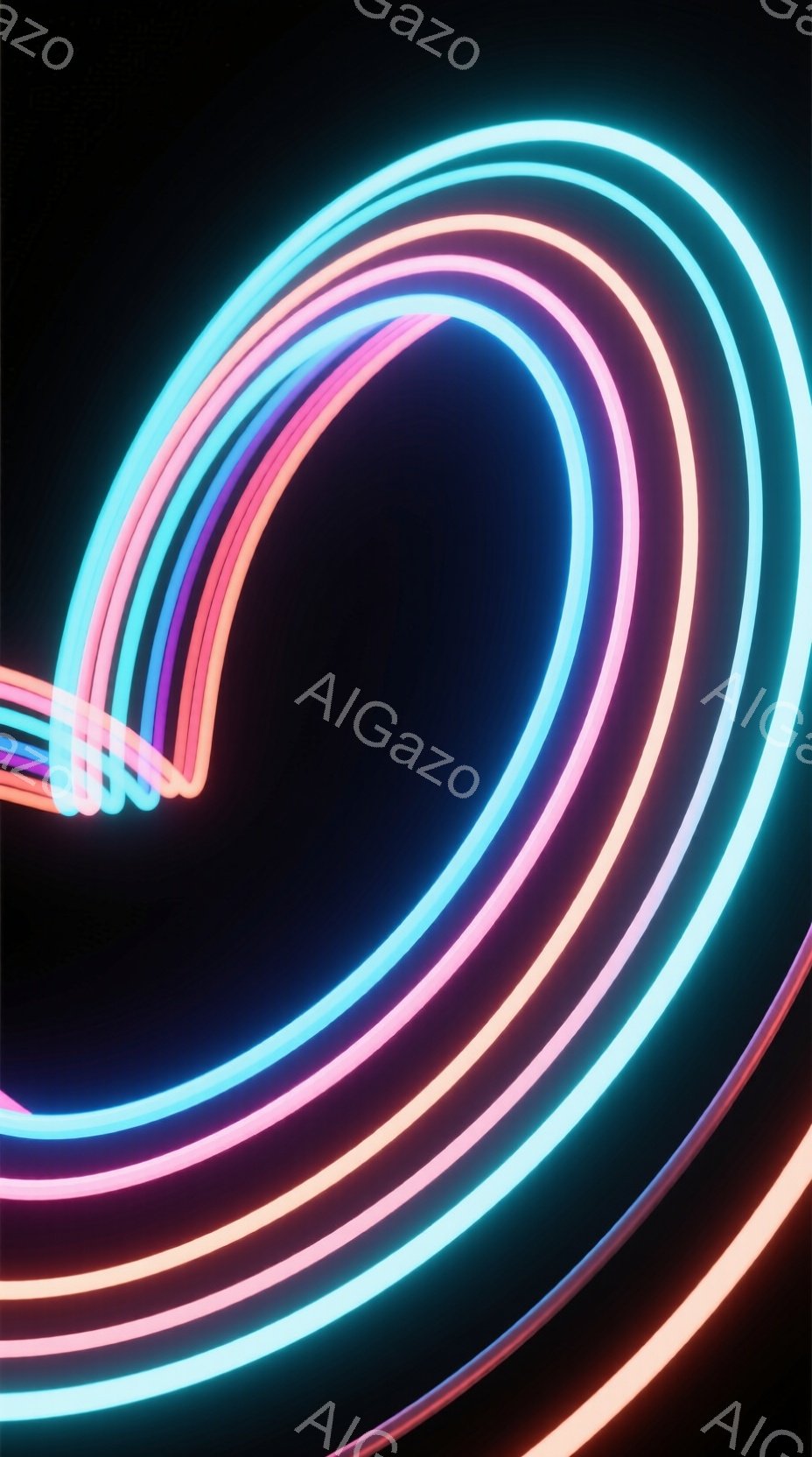 画像は暗い背景に、鮮やかなネオンカラーの光の線が渦巻くように描かれています。ピンク、ターコイズブルー、オレンジ色の光が重なり合い、未来的なエネルギーを感じさせます。背景は真っ黒で、光の線が際立ち、まるで光の軌跡が空間に描かれているようです。