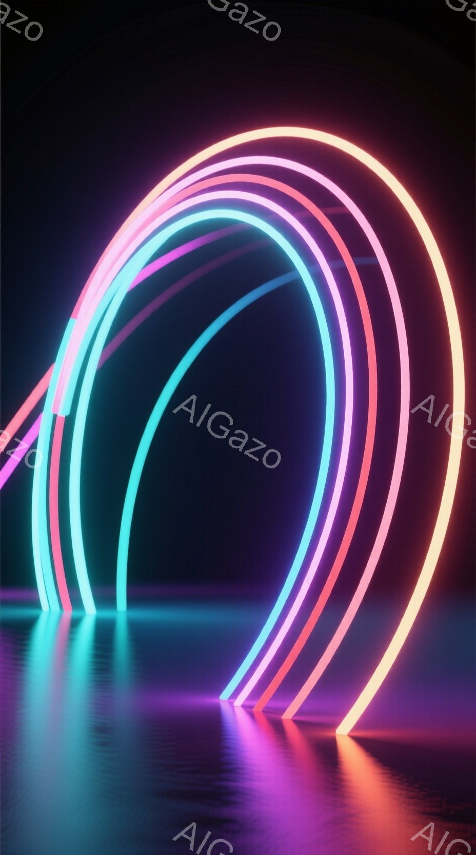 鮮やかなネオンカラーの光のアーチが、黒い背景に浮かび上がっています。ピンク、オレンジ、水色の光が、滑らかで曲線的なラインを描き、まるで未来的な彫刻のようです。光は水面に反射し、幻想的な雰囲気を醸し出しています。