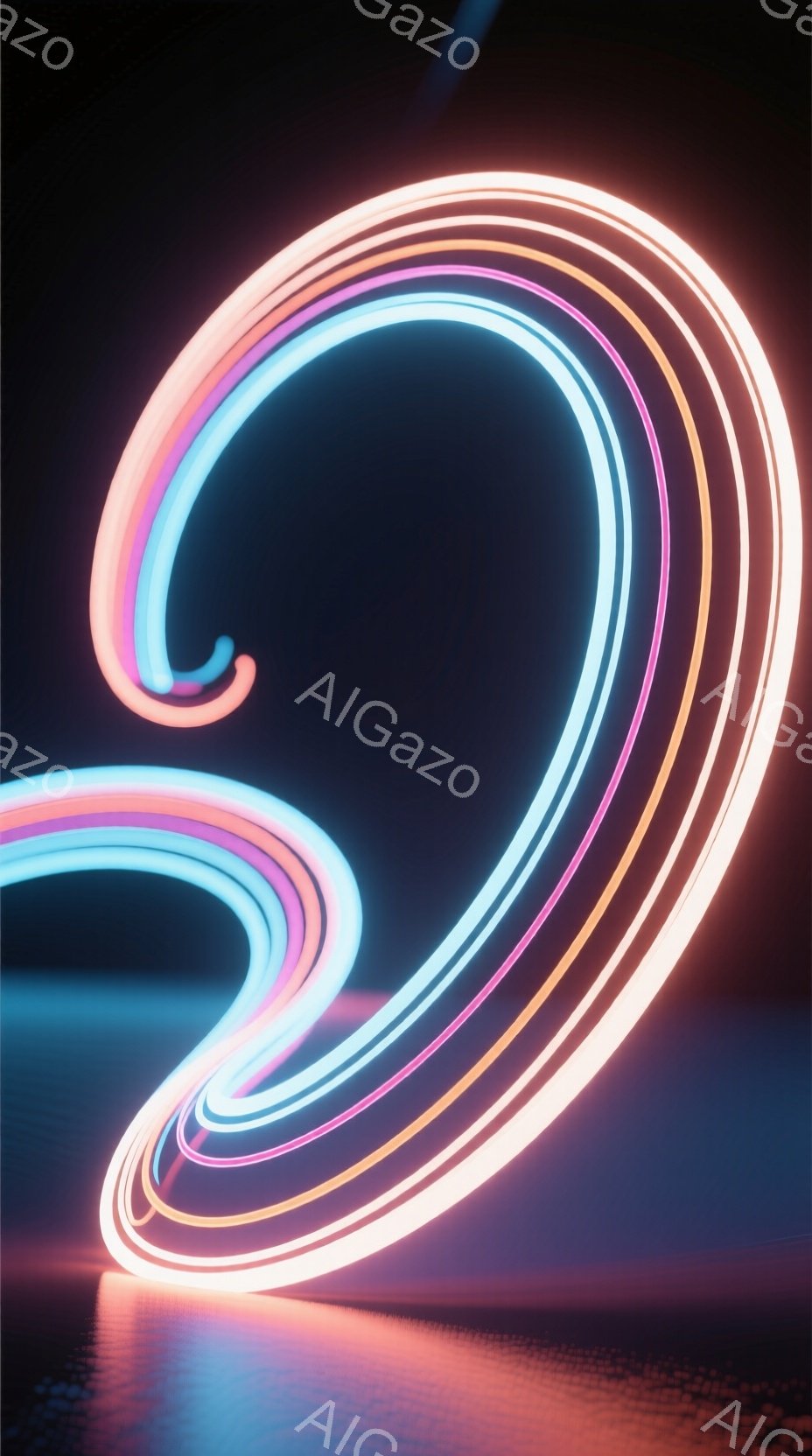 鮮やかなネオンカラーの光の線が渦巻くように配置されており、まるでエネルギーの流れや軌跡を表現しているかのようだ。光線はピンク、オレンジ、ブルー、イエローなどの色彩を持ち、暗い背景の中で際立って輝いている。全体として、近未来的なテクノロジーやデジタルアートを彷彿とさせる、幻想的で躍動感のある雰囲気である。