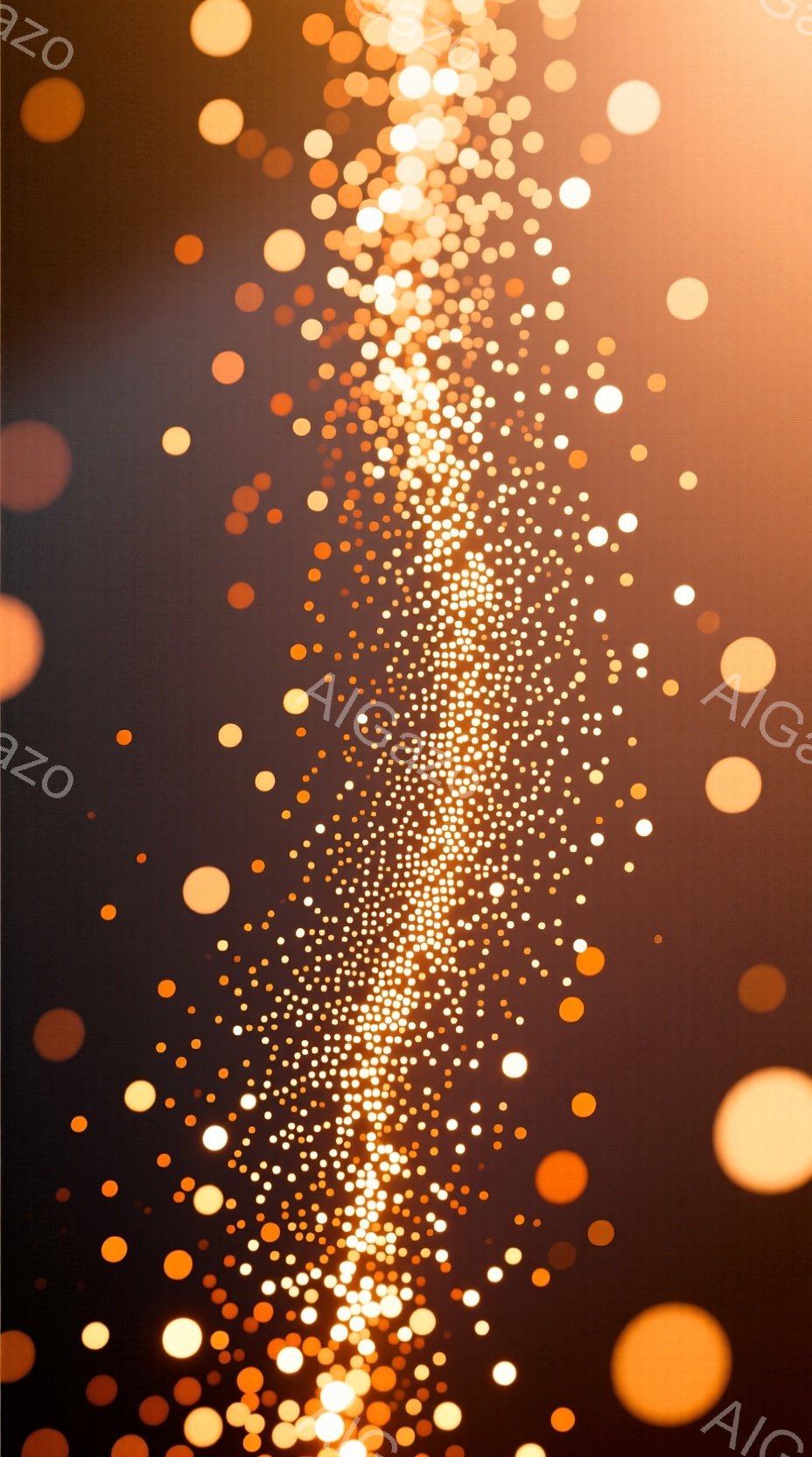 ぼやけた光の粒子が、暗い茶色とオレンジ色の背景に散りばめられています。中央には、より密度の高い光の帯が縦に走り、まるで星屑が降り注ぐような幻想的な雰囲気を醸し出しています。全体的に温かみのある色彩で、夢見がちな、またはロマンチックな印象を与えます。