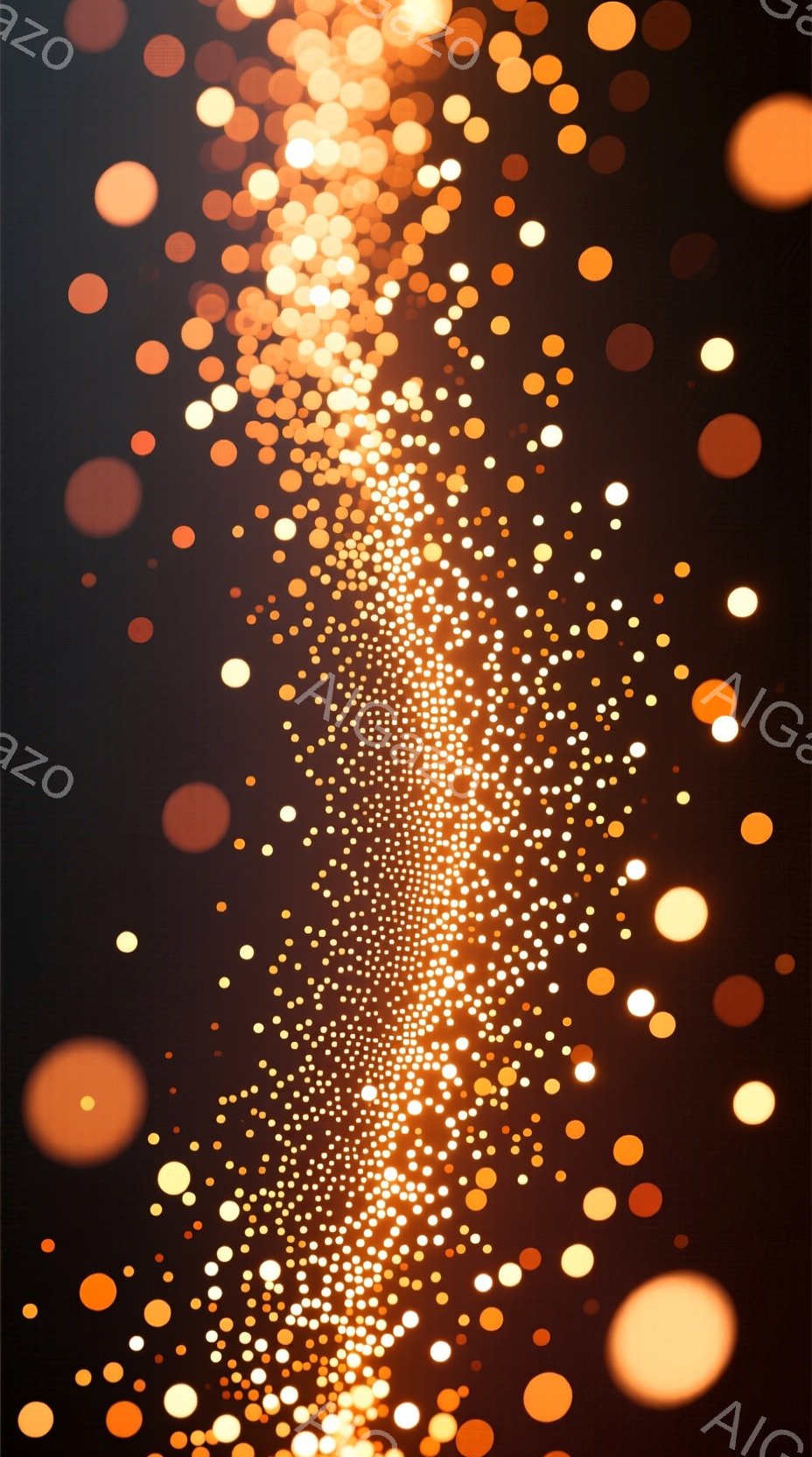 暗い背景に、大小さまざまなオレンジや黄色の光の粒子が密集し、まるで光の滝が流れているような印象を与える画像です。粒子は中心に向かって徐々に密集し、明るさを増しており、奥行きと動きを感じさせます。全体的に暖かく幻想的な雰囲気で、まるで星空や炎を連想させます。